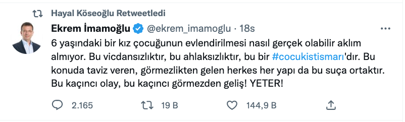 ekrem imamoglu ndan alti yasindaki kiz cocugunun evlendirilmesi olayina tepki